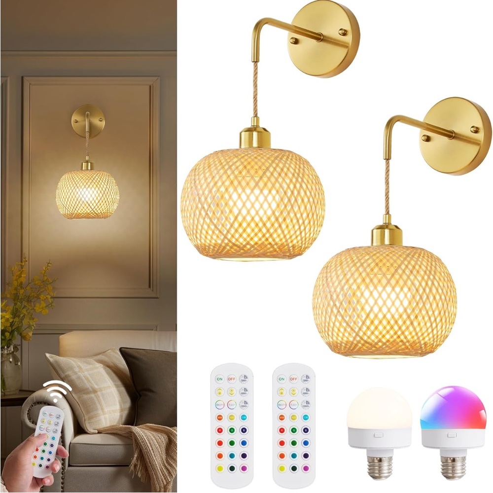 NWT | Vitnucrol | Gold | Battery Operated Wall Sconces (2) w/ Remote | Rattan